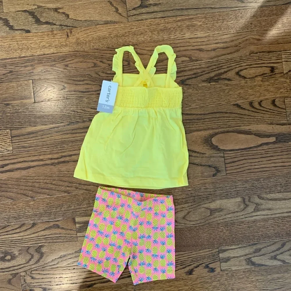 New CARTERS Pink Yellow Pineapple Shorts Ruffle Tank Top Outfit Set 12m 12 month